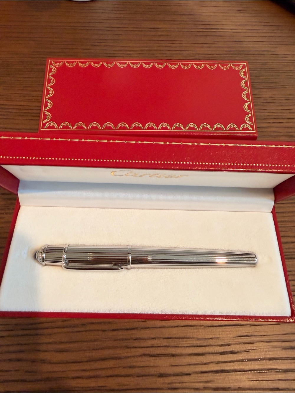 Cartier Silver Ribbed Metal Fountain Pen with Red Presentation Box